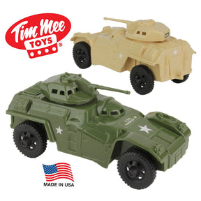 Two toy armored cars, one olive green and one tan, for play for Tim Mee 07193