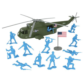 Toy helicopter and blue plastic figures for an army rescue playset for Tim Mee 07590
