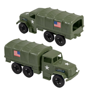 Two olive green toy military trucks, one with a cargo bed, on a white background for Tim Mee 07493