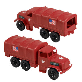 Red toy cargo truck with American flag decals, two models shown for Tim Mee 07494