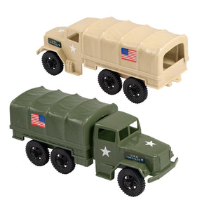 Toy military trucks: olive green and tan cargo vehicles for Tim Mee 07491