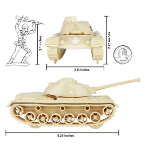 Scale model of an M48 Patton tank in tan color, showing dimensions for Tim Mee 07192