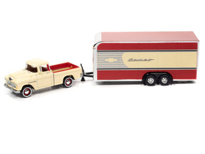 Vintage truck towing a red and cream trailer for Johnny Lightning JLBT014