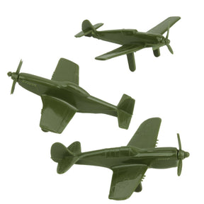 Three olive green WWII fighter plane scale models displayed together for Tim Mee 06121