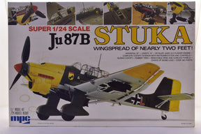 Model kit box art showing a Super 1/24 scale Ju 87B Stuka aircraft for MPC 3506