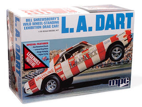 Box art for L.A. Dart wheelstander model kit, showing the car and kit details for MPC MPC974