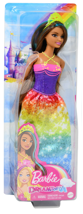 Barbie doll in rainbow dress, standing in a castle backdrop for Mattel GJK12962A