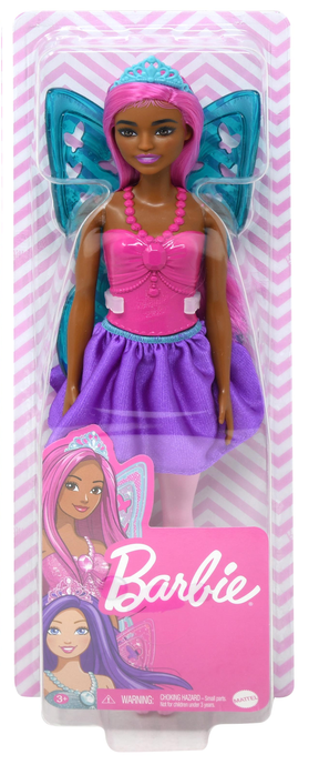 Barbie fairy doll with blue wings and purple dress in packaging for Mattel FWK85