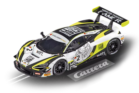 Race car model, McLaren 720S GT3, white and black livery, on a track base for Carrera Evolution 20027656
