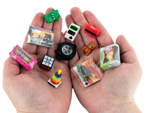 Assortment of small, colorful toys held in two open hands for Super Impulse Toys 5101