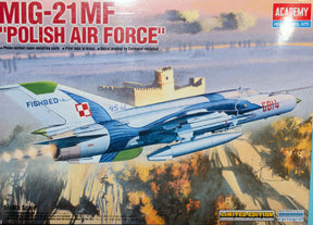 Polish Air Force MiG-21 MF model kit box art featuring the jet in flight for Academy 12224
