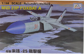Model kit box art showing a blue and gray Mig 25P FoxBat A aircraft in flight for Mini Hobby 80412