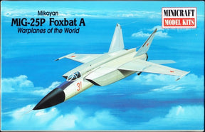 Gray jet fighter, the MiG-25P Foxbat A, flying against a blue sky for Minicraft 14428