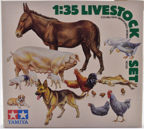 Assortment of 1/35 scale military livestock models: horse, pig, dog, and poultry for Tamiya MM128