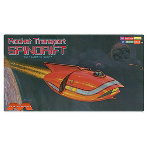 Sci-fi poster art: orange rocket ship flying past a giant planet for Moebius Models MOE255