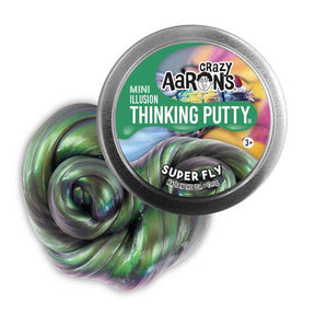 Green and purple thinking putty in a tin container for Crazy Aaron's SF003