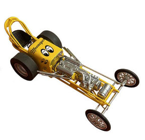 Yellow dragster model kit with black tires and chrome details for Atlantis Model Co ALM1223