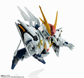 Gundam model kit, white and blue mobile suit in action pose for Bandai 61478, front view