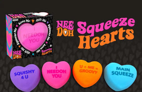 Assortment of colorful, squeezable heart toys in various shades for Schylling SQHND