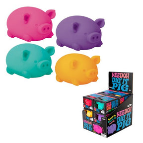 Colorful pig toys in various shades, with a boxed set shown for Schylling DPND