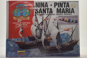 Model kit box art showing three historical sailing ships on a blue sea for Lindberg 70860