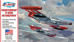 Model kit box art showing three F-89D Scorpion jet aircraft in flight for Atlantis Model Co ALM221