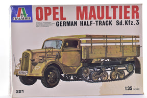Model kit box art showing a detailed illustration of an Opel Maultier German Half-Track for Italeri Models 221