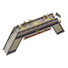 Model kit of a pedestrian bridge with "Welcome Race Fans" signage for Innovative Hobby Supply BK6428, front view