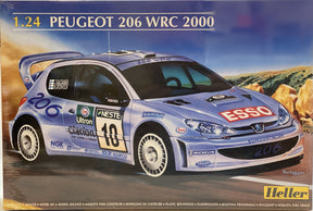 Blue 1:24 scale model of a Peugeot 206 WRC race car from 2000 for Heller
