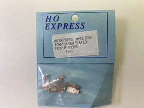 Silver plated pickup shoes, 6 pairs, packaged with product details for HO Express HOE 5050