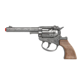Silver-finish replica revolver cap gun with brown grip for Gonher 101/0