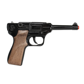 Black Luger pistol with brown grip, displayed against white background for Gonher 124/6