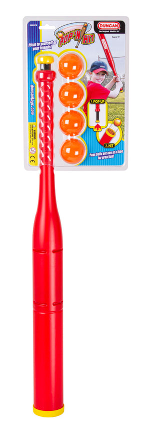 Red toy launcher with packaging showing how to pop balls for Duncan 3682PS