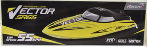 Vector SR65 boat motor graphic showing top speed of 55 KPH for Racent VOL79114