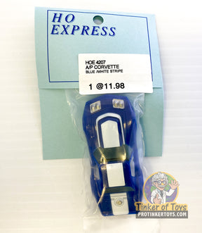 Blue and white A/P Corvette toy car on a display card for HO Express HOE