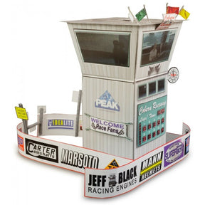 Model kit of a race tower with multiple viewing windows and signage for Innovative Hobby Supply BK3213