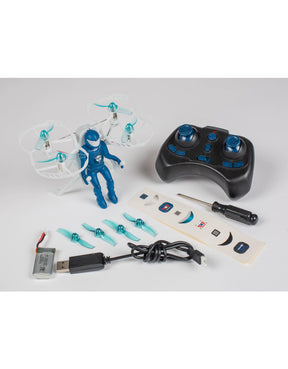Blue jetpack toy with remote controller, propellers, and power source for Rage R/C RGR4522