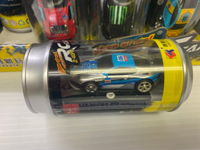 Silver can containing a blue and silver 1/58 scale remote-controlled car for Imex MIC1401