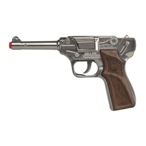Silver replica pistol with brown grip, resembling a police-issue Luger for Gonher 124/0