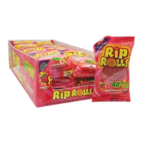 Box and bag of strawberry flavored Rip Rolls candy for Mountain Sweets 5065