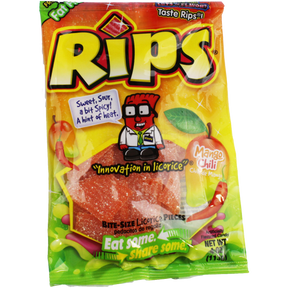 Candy bag featuring mango chili flavor, showing a cartoon character and candy pieces for Mountain Sweets