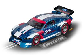 Blue and white Ford Mustang race car model with "55" racing number for Carrera Evolution 20027637, front view