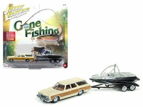 Toy vehicles: yellow car and black boat on a display card for Johnny Lightning JLBT002-A