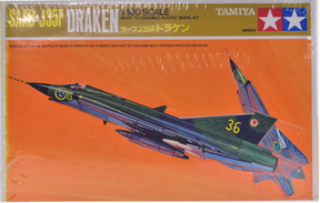 Blue and green SAAB J35F Draken jet model kit box art on orange background for Tamiya 60006