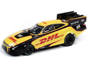 Yellow and black slot car of a drag racing Funny Car for Auto World SC347
