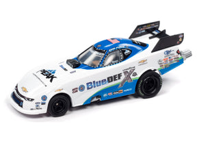 Slot car of a blue and white NHRA Funny Car drag racer for Auto World SC352, front view