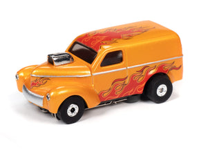 Orange vintage van toy with red flame graphics for Auto World SC353