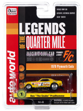Slot car set featuring a 1970 Plymouth Cuda, "Don The Snake" model for Auto World SC356