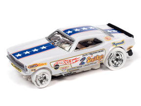 White slot car race car with blue stars, representing a vintage drag racer for Auto World SC356