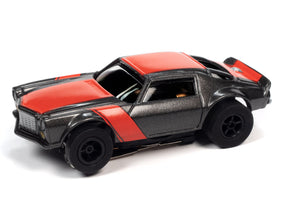 Black and red slot car toy, low angle view for Auto World SC366